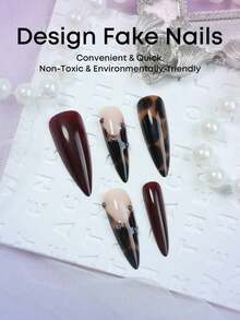 24 Pieces Long Pointed Brown Leopard French Nail Stickers With Silver Bead Design, Retro Style Full Cover Fake Nails, Suitable For Women And Girls Daily Wear - 多色 4 - 查看 5