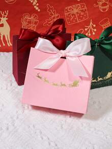 Cutie cadou de Crăciun cu 5 buc., cu panglică de satin, imprimeu cu sania lui Moș Crăciun și reni în folie aurie, cutie elegantă pentru bomboane de sărbători, fursecuri, ciocolată, dulciuri, ambalaj roz și negru pentru favoruri de Crăciun, pentru petreceri, nunți, reuniuni de familie