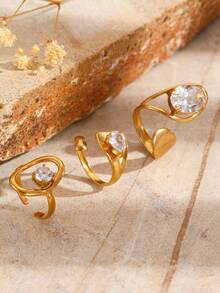 3pcs/Set Fashionable Stainless Steel Smooth Water Drop Hollow Irregular Rings, Suitable For Women's Daily Wear - 3pcs  Model - View 13