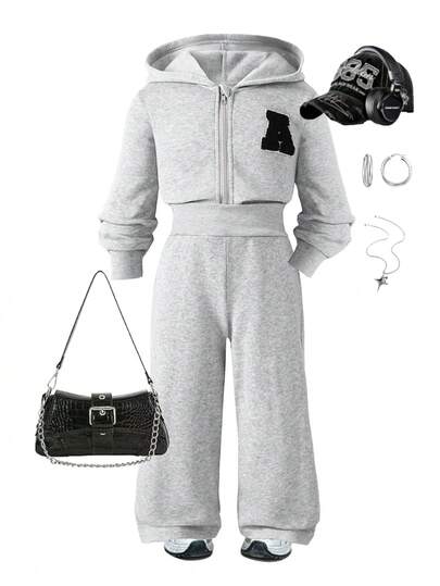 2pcs/Set Girls Sports Outfit, Young Girl Zip-Up Hoodie Sweatshirt + High Waist Loose Sports Pants Set, Girls Clothing, Children Apparel