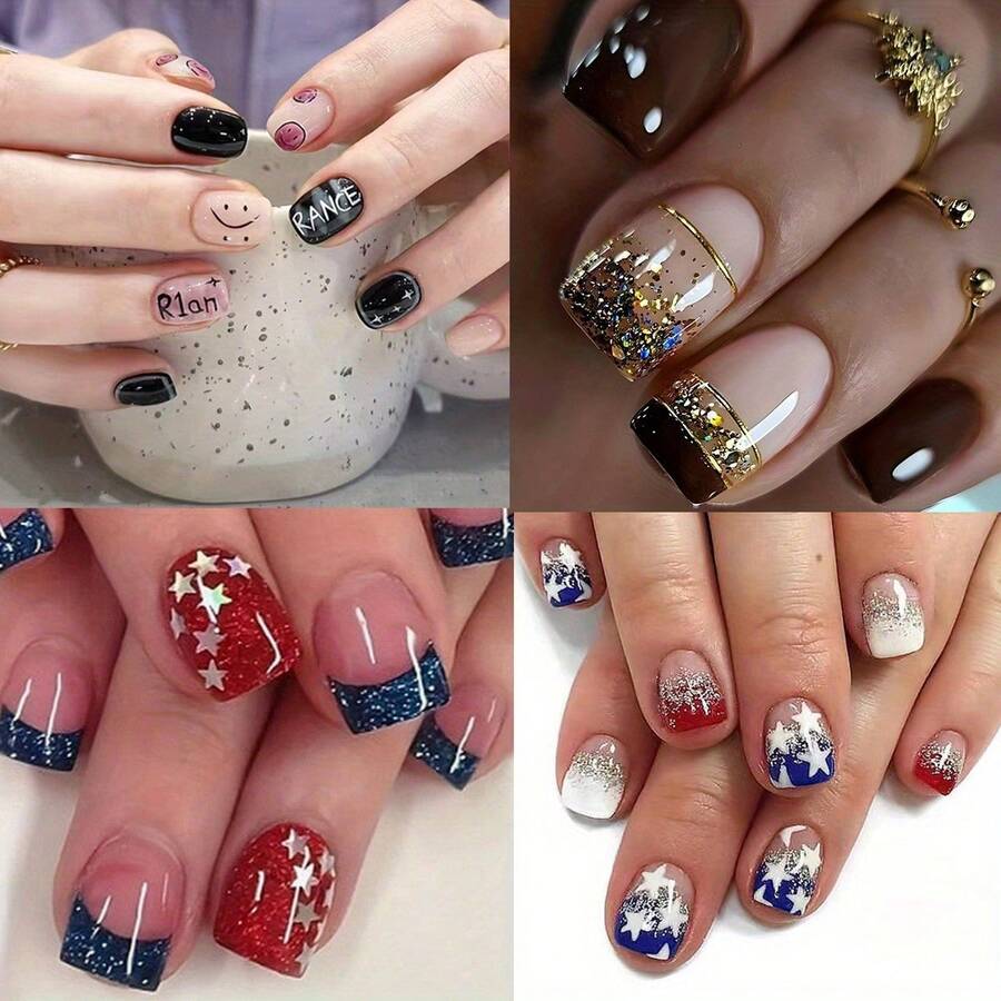 96 Pieces 4-Pack French Colored Smiling Face, Cute And Niche Sweet And Cool Style, Sparkling Diamond Gold, Pentagram Short 24 Piece Wearable Nail Patch, DIY Nail Art Removable 5-Minute Wearable Nail Art,Shine On,Nails>Square - 96 CÁI - Xem 1