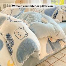 3 件套加厚保暖双面羊毛床上用品套装 - 绿心 + 卡通熊印花图案 | 1 件羽绒被套，2 件枕套，不含被子或枕头 | 舒适温暖透气，冬季必备床上用品 - 藍色小熊 - 查看 5