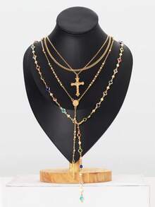 4pcs/Set Retro Metal Jesus Cross Pendant Y-Necklace, Stylish Bohemian Colorful Crystal Bead Necklace Set, Suitable For Women Daily And Vacation Wear, Holiday Gift For Friends (Crystal Bead Color And Quantity May Vary From Actual Item)