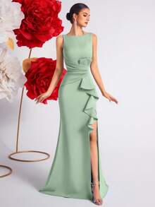 Elisanya Solid Color High Waist Ruffle Hem Slit Open Back Cocktail Party Evening Dress - Green - View 3