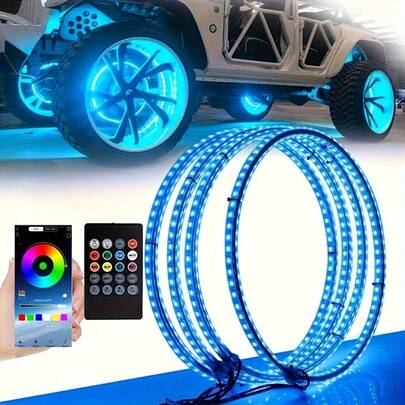 4-Piece Automotive LED Lights, 15.5-Inch Wheel Lights, Cool Multi-Color Dynamic Wheel Lights For Night Driving. Remote Control And App For Wireless Music Syncing. Suitable For Jeeps, Pickup Trucks, SUVs, And Off-Road Vehicles. 12V, Hardwired, No Batteries Included