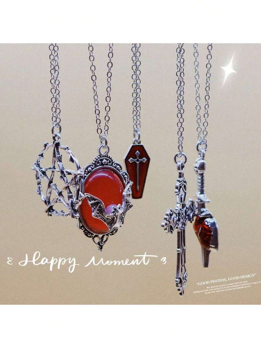 5pcs Y2K Vintage Gothic Punk Baddie Accessories, Including Choker Necklace, Bat Gemstone Necklace, Cross Coffin Arrow Heart Necklace Pendants, Suitable For Holidays, Parties, Gatherings, Gifts