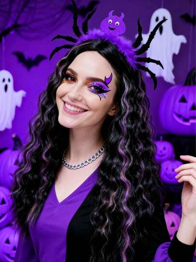 Halloween - Peruci lungi și crețe cu bentițe în formă de păianjen: Cu nuanțe uimitoare de negru cu argintiu, negru cu portocaliu și negru cu violet, împreună cu bentițe drăguțe în formă de păianjen, aceste peruci sunt perfecte pentru petreceri de Halloween, evenimente de cosplay sau întâlniri tematice.