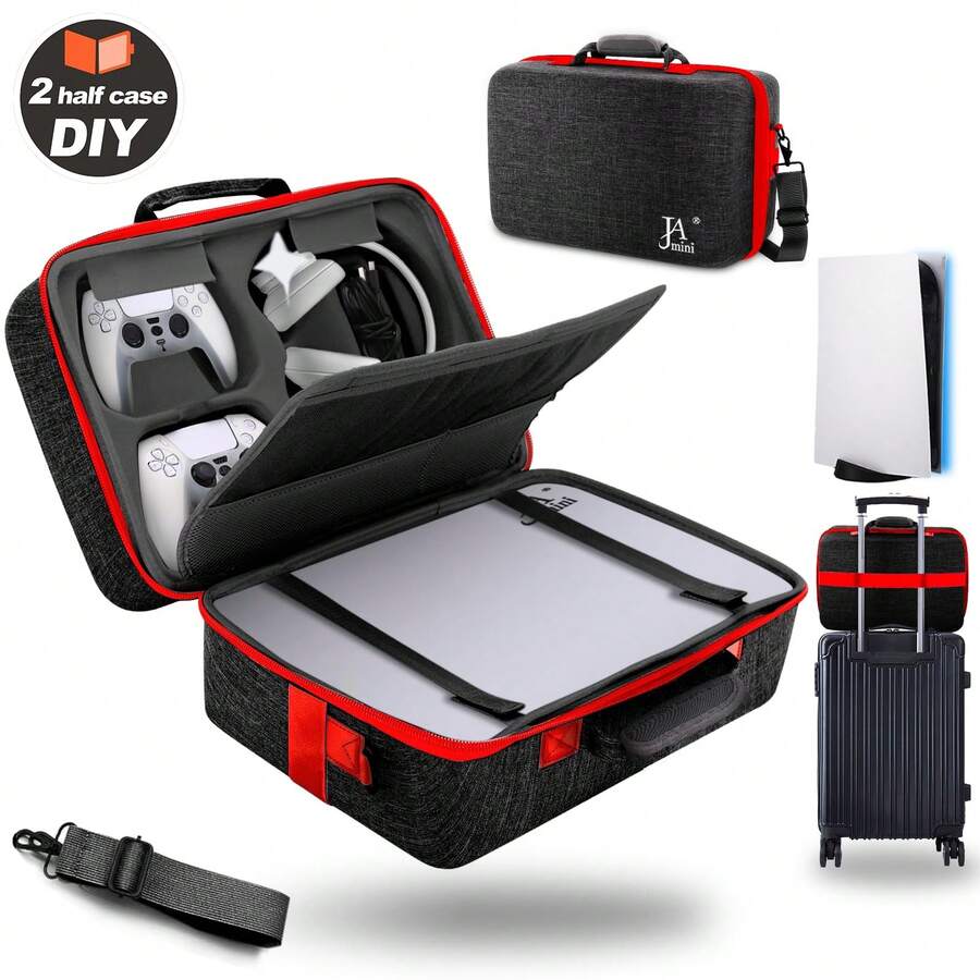 Travel Case For Playstation 5, Playstation 5 Pro, Playstation 5 Slim, Carrying Case Hard Shell Compatible With Playstation 5 Console, Shockproof Protective Storage Bag For Playstation 5 Disk Digital Edition, Headset, Game Accessorie - Black and Red - View 1