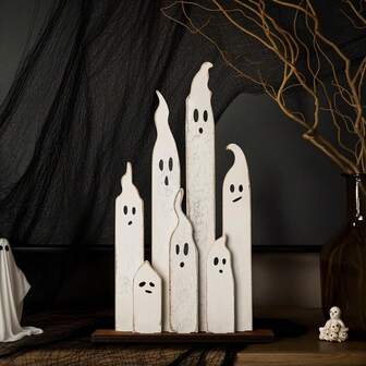 1 件农舍可爱万圣节鬼魂装饰，细长的白色鬼魂木制标志，质朴的复古装饰，适用于书桌、壁炉、办公室、家庭、厨房、儿童礼物