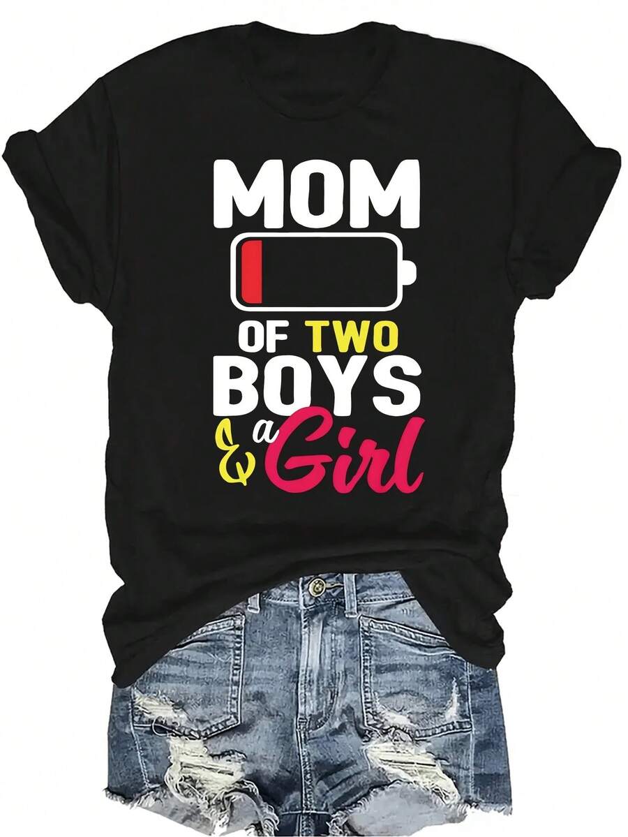 [Camiseta de Moda Casual] Camiseta de mujer suave y cómoda - Mamá de dos niños y una niña, batería baja, manga corta, cuello redondo, top casual, regalo perfecto para la abuela y la mamá, uso casual de primavera y verano - Negro - Ver 1