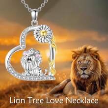 Collar con forma de corazón de plata de ley 925, zorro/koala/jirafa/vaca de las tierras altas/conejillo de indias/hadas/cardo escocés/margaritas/gatos/patos/león, collar con colgante de animales de - N-León - Ver 4