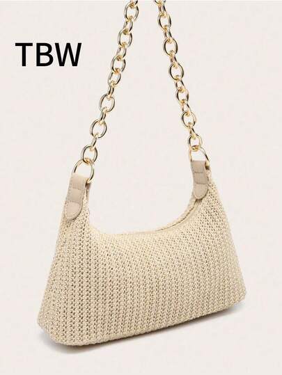 حقيبة كتف للنساء، حقيبة مربعة مع سلسلة معدنية، سعة كبيرة، خفيفة الوزن، أنيقة وعصرية لأسلوب العطلات الشاطئية، مناسبة للتسوق والعطلات.