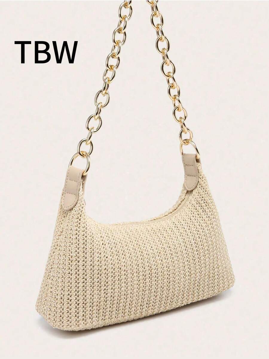 女士单肩腋下包，方形包包配金属链条，容量大，轻巧，休闲时尚的海滩度假风格，适合购物和度假。 - 杏色 - 查看 1