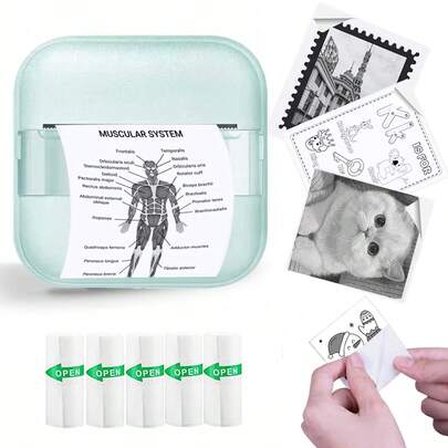 Impressora Térmica Portátil Miniatura, Criador de Adesivos sem Tinta com 5 Rolos de Papel de Impressão, Impressora de Bolso para Notas, Imagens, Fotos, Diários, DIY, Compatível com iOS e Android