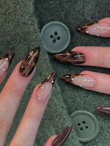 24 Pieces Long Pointed Brown Leopard French Nail Stickers With Silver Bead Design, Retro Style Full Cover Fake Nails, Suitable For Women And Girls Daily Wear - 多色 4 - 查看 3