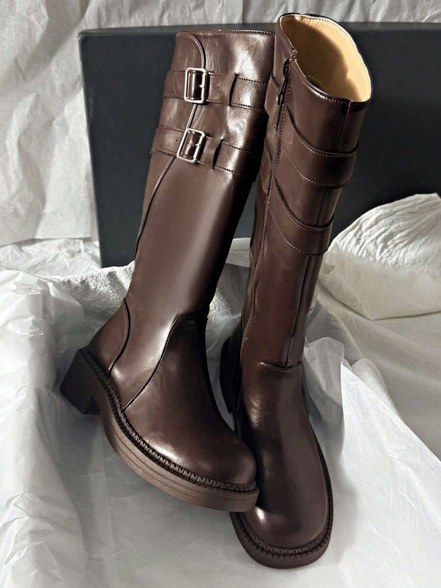 粗跟方头纯色弹力修身过膝长靴/中筒靴，秋季、冬季、派对必备