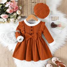 2pcs Baby Girl Dress Set, Cute Ribbed Ruffle Bow Patchwork Elastic Waist Plush Trim Princess Dress & Beret Hat Outfit, Warm Spring/Autumn Casual Wear - Brown - View 2
