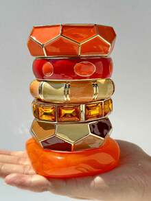 1 件活力不对称橙色拼接不对称几何金属手镯，时尚夸张魅力新款可堆叠女士珠宝 - 多色 - 查看 3