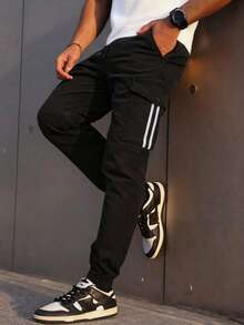 1pc Men's Casual Drawstring Waist Striped Patchwork Big Pocket Ankle Length Pants, Fall