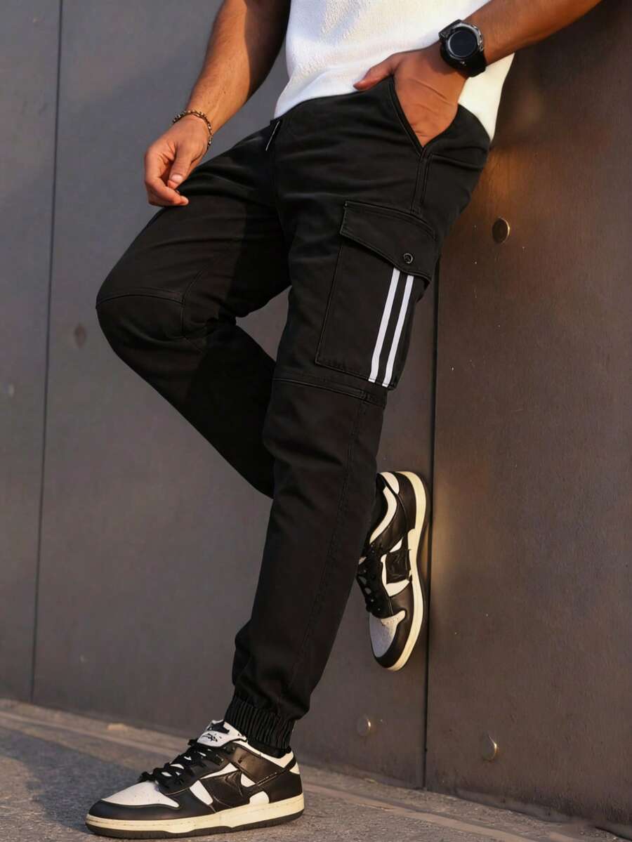 1pc Men's Casual Drawstring Waist Striped Patchwork Big Pocket Ankle Length Pants, Fall