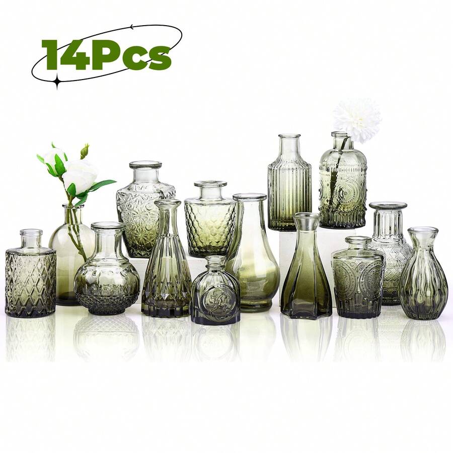 Tomnk 14pcs Small Vase Glass Flower Bottle Bulk, Gradient Green Relief Vase For Central Decoration, Mini Retro Glass Vase For Wedding Home Dining Party Decoration, For Birthday Weeding Party Home Decorations - Green - View 1