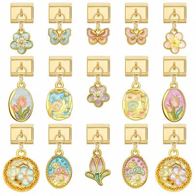 1件金色吊坠模块化DIY手链，包含花朵、蝴蝶、爱心、月亮、星星元素，都市休闲风格，圣诞节和万圣节必备单品，秋季色调，本土风情，实用时尚，圣诞风格，迷人设计，不锈钢饰品，圣诞装饰，秋季办公风格