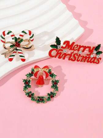 1 件/3 件圣诞胸针套装，时尚个性化圣诞花环、铃铛、字母、水钻珐琅金属徽章配饰礼物