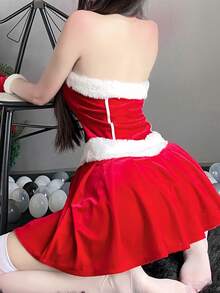 3pcs Festive Halter Mini Dress For Women, Featuring Sleeveless Design, Ruched Accents, And A Pleated A-Line Cut, Ideal For Christmas Parties