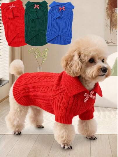 1 件柔软舒适的宠物狗休闲时尚服装，红白格子针织毛衣，带蝴蝶结领，适合春秋冬季泰迪、贵宾犬和小型犬、圣诞节、圣诞装饰