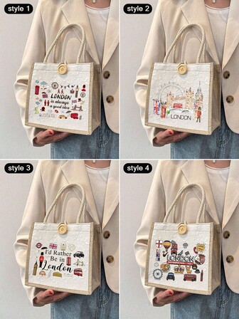 “我宁愿留在伦敦”印花手提包，女士手提包，可重复使用购物袋，可折叠休闲购物袋，简约波西米亚风格手提包，适合工作，旅行，购物，书包，容量大，便携，适合女生，女大学生，白领，非常适合工作，返校，初中，高中，大学，度假