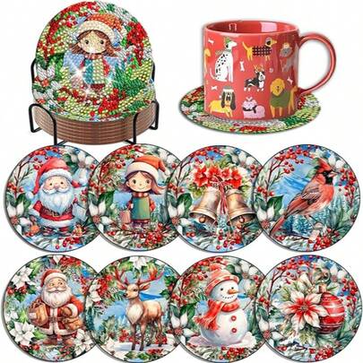 8-Piece Set - 2025 Christmas Decorative Diamond Painting Coasters, Christmas Theme Pattern, Diamond Painting Coasters With Stand, Adult Mosaic DIY Full Diamond Set, Suitable For Beginners, Can Also Be Used For Small Ornaments For Wall Art Creation, Bedroom Decoration And Accessories, Home Decoration.
