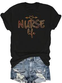 [Camiseta de moda casual] Camiseta suave y cómoda para mujer - Diseño de corazón de vida de enfermera Casual de manga corta y cuello redondo, regalo perfecto para la abuela y la mamá, uso casual de primavera y verano - Negro - Ver 1