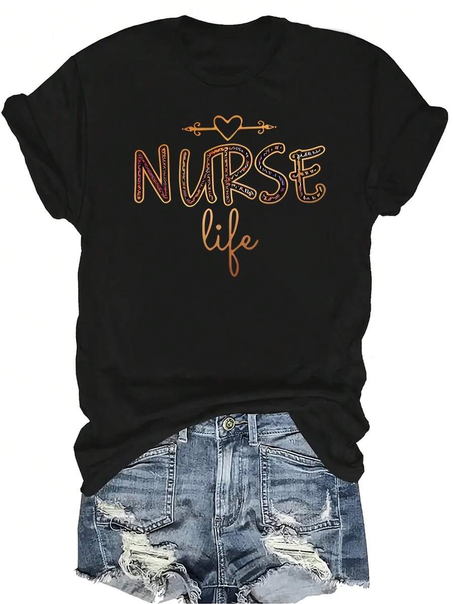 [Camiseta de moda casual] Camiseta suave y cómoda para mujer - Diseño de corazón de vida de enfermera Casual de manga corta y cuello redondo, regalo perfecto para la abuela y la mamá, uso casual de primavera y verano - Negro - Ver 1
