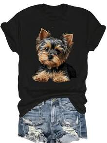 [Camiseta de moda casual] Camiseta suave y cómoda para mujer - Estampado de cachorro Yorkie Casual de manga corta y cuello redondo, regalo perfecto para la abuela y la mamá, uso casual de primavera y verano - Negro - Ver 1