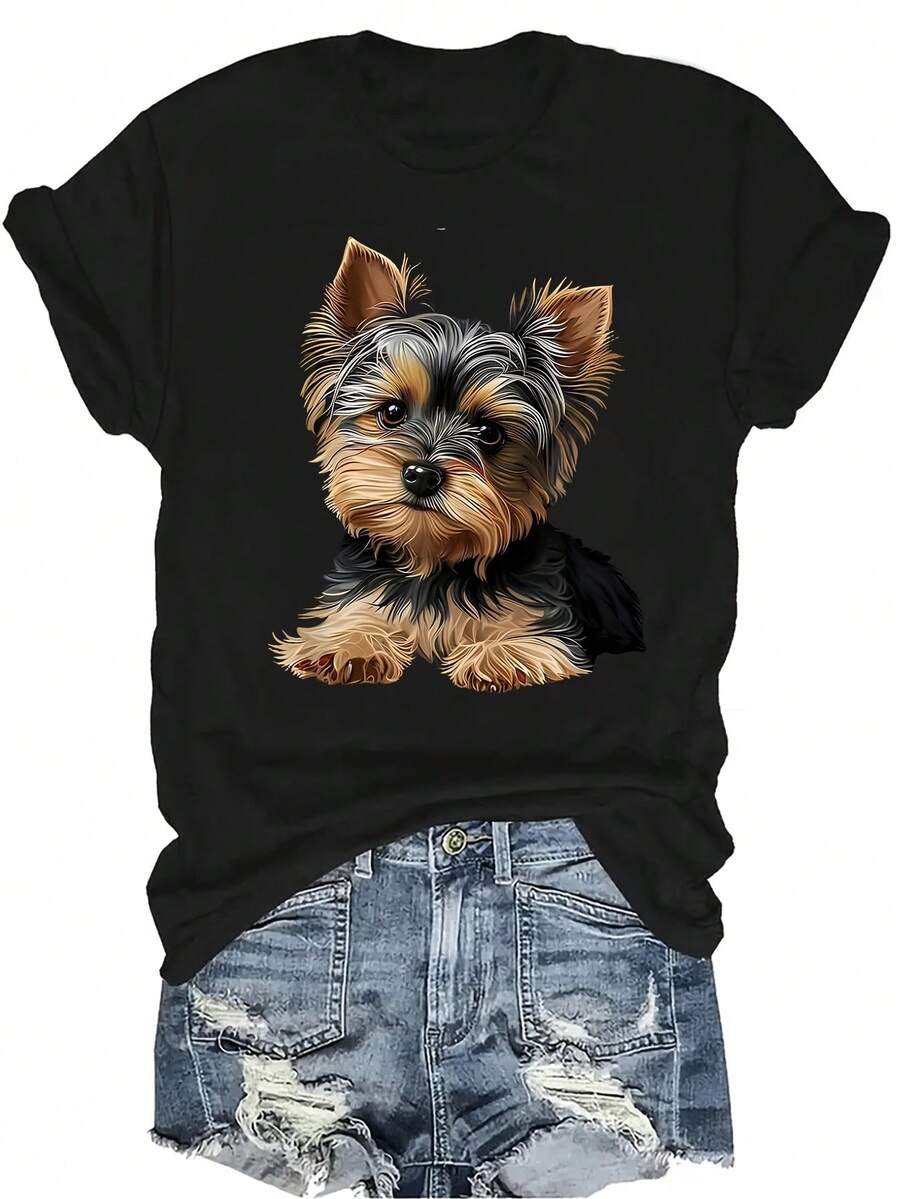 [Camiseta de moda casual] Camiseta suave y cómoda para mujer - Estampado de cachorro Yorkie Casual de manga corta y cuello redondo, regalo perfecto para la abuela y la mamá, uso casual de primavera y verano - Negro - Ver 1