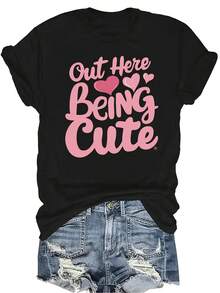 [Camiseta de Moda Casual] Camiseta suave y cómoda para mujer - Gráfico de corazones lindos Manga corta casual cuello redondo, regalo perfecto para la abuela y la mamá, uso casual de primavera y verano - Negro - Ver 1