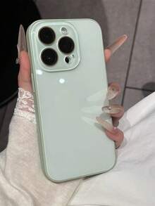 夏季纯色马卡龙玻璃裸机纹理直边带镜头膜手机壳适用于 16 ProMax、13 New 14 Pro、16、Simplistic 15 ProMax、11/12全覆盖保护 - 綠色 - 查看 4