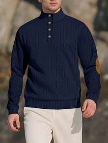 Men's Jacquard Knit Long Sleeve Top, Autumn/Winter Minimalist Stand Collar Undershirt, Solid Color Pullover T-Shirt, Men's Long Sleeve T-Shirt, Holiday Gift For Boyfriend - Navy Blue - View 3