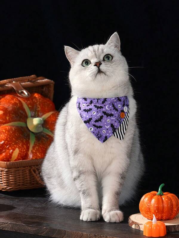 UFBemo 1 قطعة وشاح للحيوانات الأليفة، وشاح عنق دافئ مطبوع بطباعة كرتونية لعيد الهالوين، مناسب للقطط والكلاب الصغيرة/المتوسطة الحجم، زي الحفلة، عيد الميلاد، ديكورات عيد الميلاد