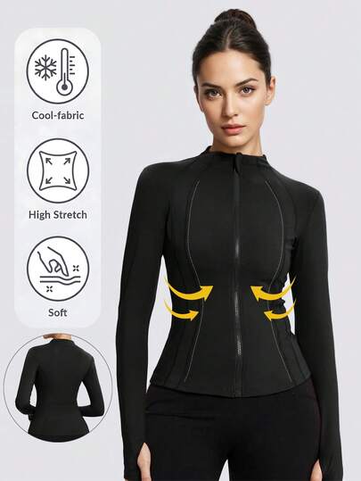 女士秋冬运动夹克，纯色前拉链运动夹克，长袖休闲轻便夹克，女士休闲运动轻便开衫夹克