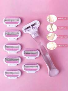 1 Handle + 4/8 Blades Set, Women's Bikini Manual Hair Removal Tool, Triple Layer Stainless Steel Shaving Blades, Replaceable Safety Razor Blades - Multicolor - View 2