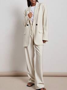 Traje informal de mujer de dos piezas con pantalón recto holgado a rayas, color tierra, para oficina y uso diario en primavera - Beis - Ver 2