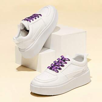 5厘米厚底白色休闲运动鞋，适合万圣节，女士厚底低帮鞋，舒适时尚运动鞋，优雅别致的纯色系带休闲鞋，适合娇小女性，四季皆宜