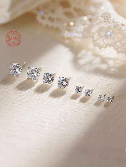 4 pares de pendientes de botón de circonita única hipoalergénicos de plata de ley 925, en tamaños surtidos, delicados y lindos, con empaque de caja de regalo, adecuados para uso diario u ocasiones festivas, regalo para niñas, amigas, regreso a clases, Navidad