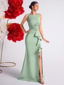 Elisanya Solid Color High Waist Ruffle Hem Slit Open Back Cocktail Party Evening Dress - Green - View 7
