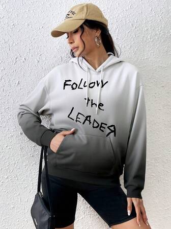 KORN Women's Solid Color Sweatshirt Gradient Color Pocket Drop Shoulder Drawstring Hoodie, Long Sleeve Top, Husband Likes