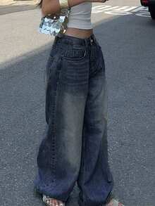 Y2K风格女式直筒宽松破洞牛仔裤，低腰水洗蓝色阔腿裤，休闲优雅下装，街头时尚春季单品 - 深色水洗藍 - 查看 8