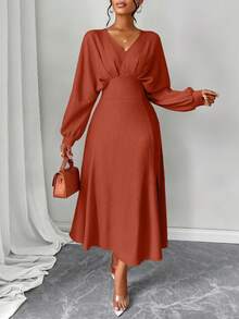 AIJ 女士秋季杏色V领收腰长袖连衣裙，适合日常生活和通勤上班，优雅春季款 - 棕色 - 查看 6