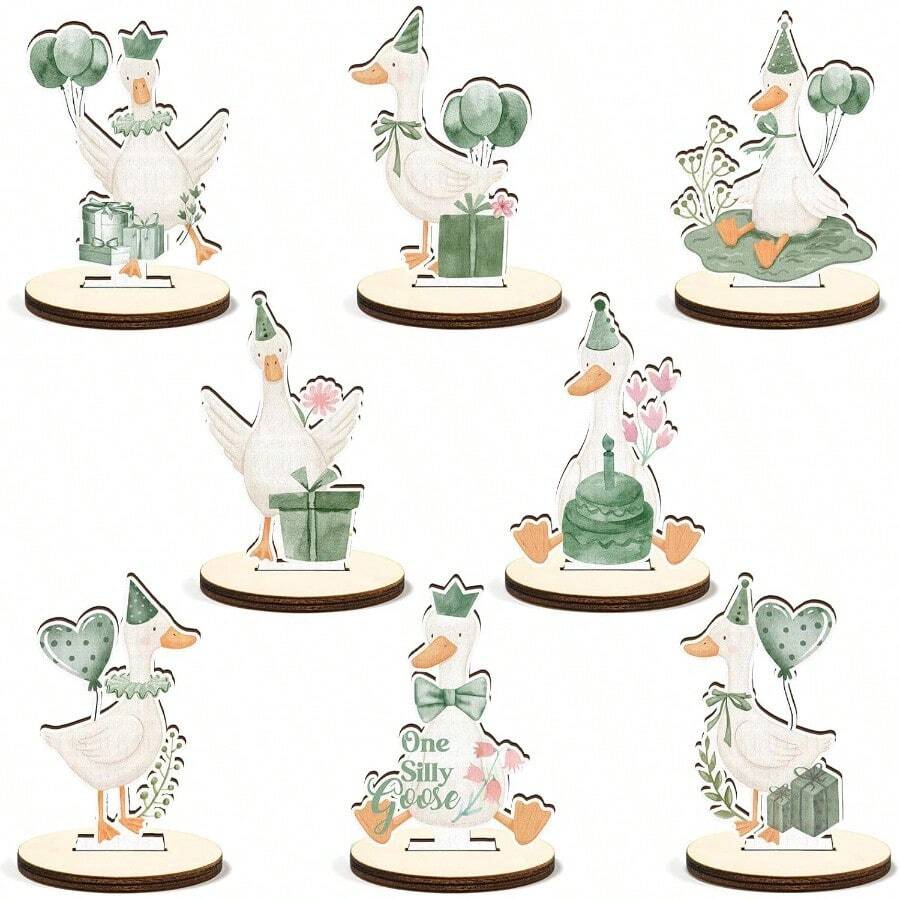 D16 Pcs Wooden Baby Shower Table Centerpiece Sage Green One Silly Goose Tabletop Detachable Sign Boy Or Girl Gender Reveal Table Toppers Display Decoration 1st Birthday Photo Props Party Favor Plies10 - 綠鵝 - 查看 1