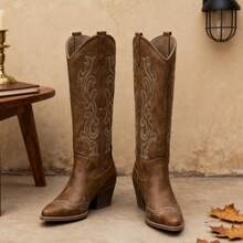 New Women Western Cowgirl Boots, Pointed Toe Embroidered Thick Heel Mid-Calf Fashion Boots - màu nâu - Xem 5